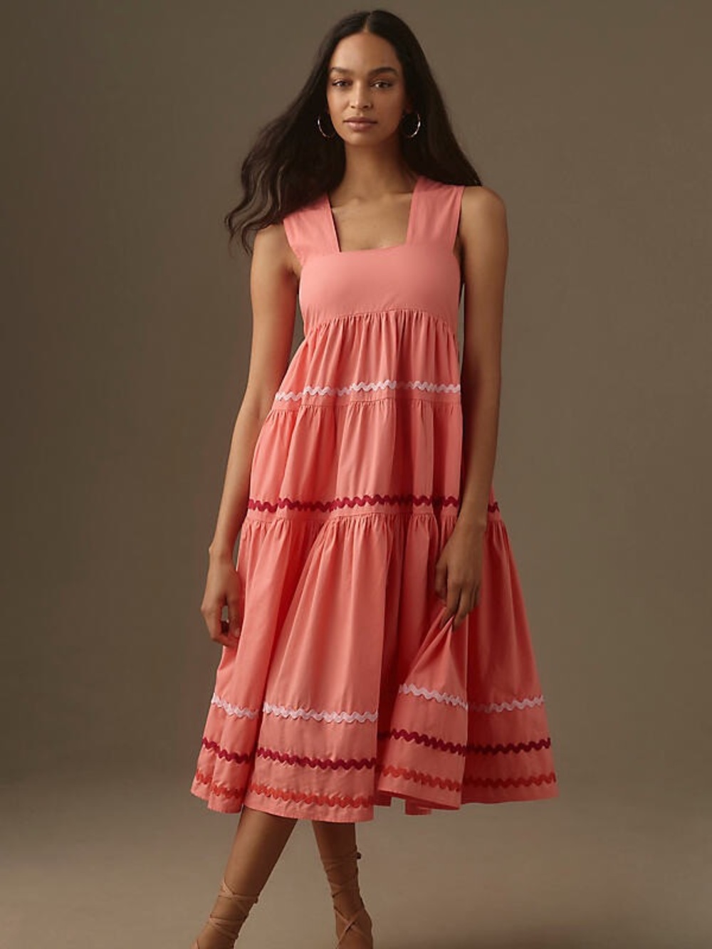 Anthropologie The Helena Square-Neck Tiered Midi Dress Coral Tiered New NWT